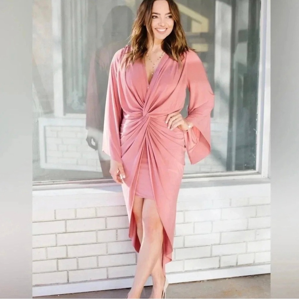 Misa Los Angeles Teget Rouge Pink Draped Twist Front Long Sleeve Dress Size M